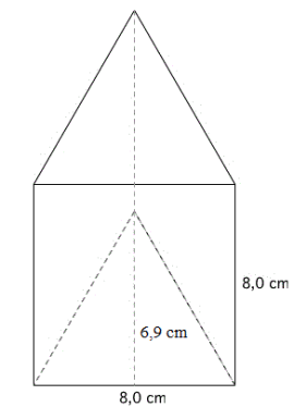 Trekanta prisme. Grunnlinje i trekanten er 8,0 cm, mens høyden er 6,9 cm. Lengden av prismet er 8,0 cm